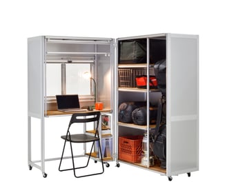 "Mobile Clam", a workstation with shelf, made of "ALFleX", aluminum pipes and the joint parts, folded in L-shape