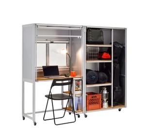 "Mobile Clam", a workstation with shelf, made of "ALFleX", aluminum pipes and the joint parts, spread out