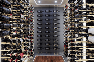 Wine Cellar with Float Gold and Gold VINdustry Wine Pegs