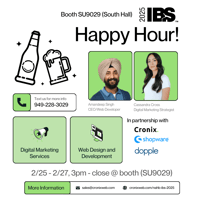 Image for the booth event - Happy Hour, Sponsored by Cronix (cronixweb.com), Shopware, and Dopple!