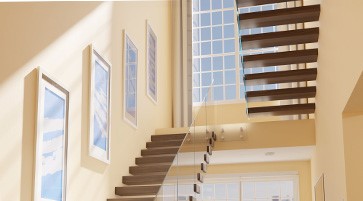 Staircase in home, four pictures on wall, large window